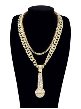 Men's Hip Hop Style Gold Tone Plated 24" Iced Cuban Chain with Large Microphone Pendant and 20" Single Row Tennis Chain